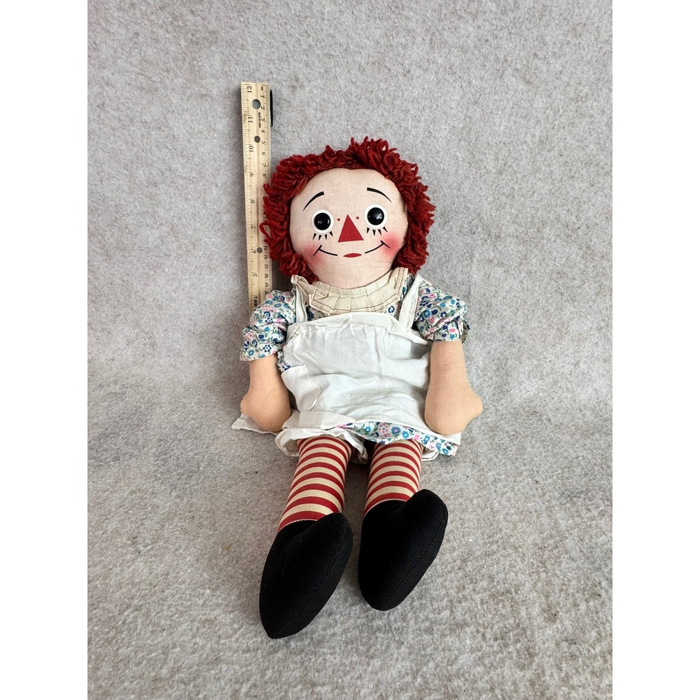 Vintage Raggedy‎ Ann Doll Red Hair Blue Eyes Striped Stockings Button Dress Toy